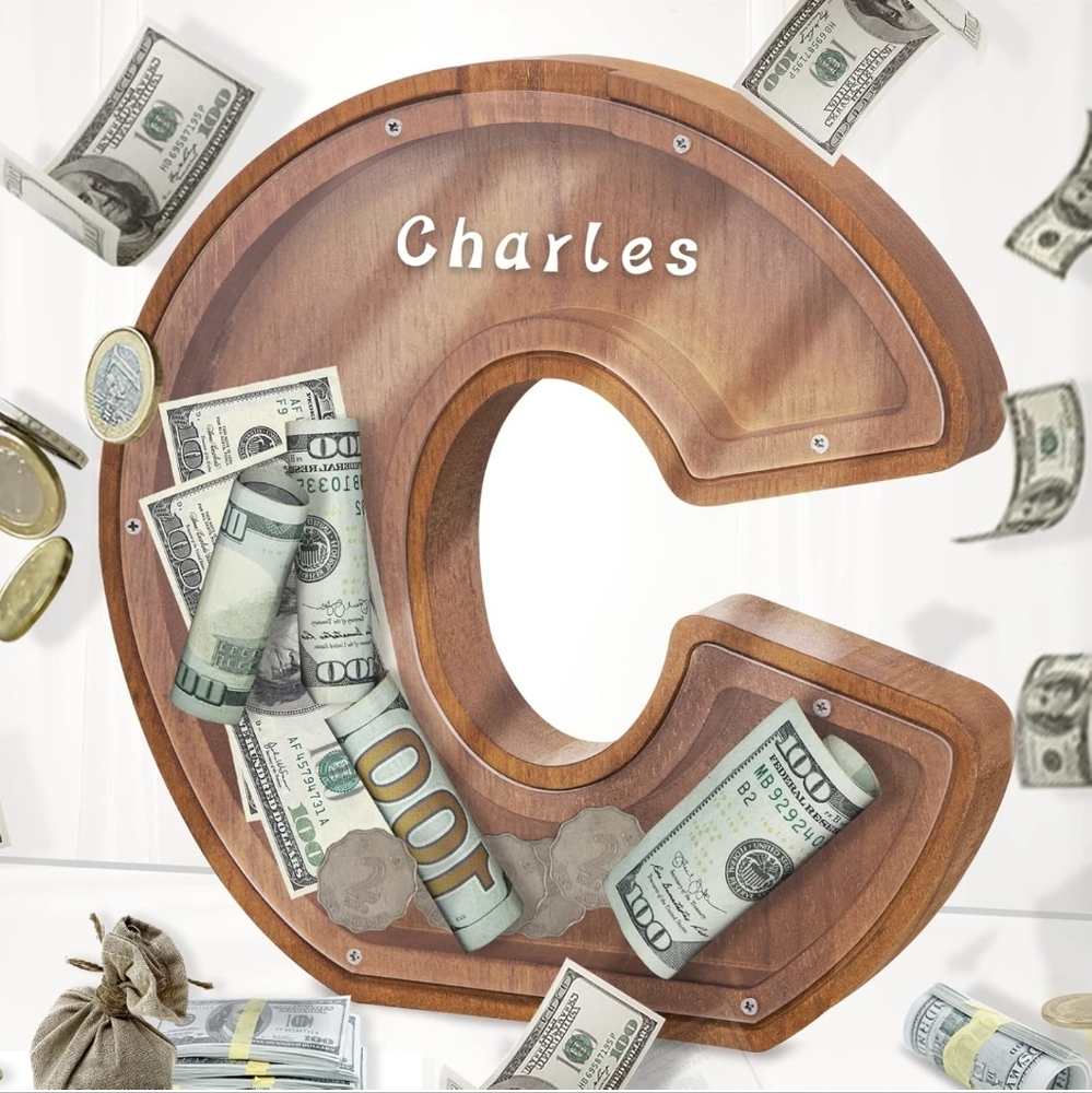Homemade Wooden Piggy Bank Letter C Money Bank‎ Saving Bills New Coins Customize